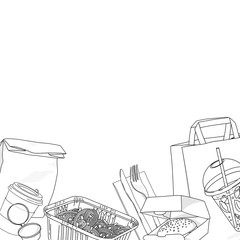 Paper bags, drinks, hot food and sandwiches in disposable packaging. Black outline on a white background. Food delivery. Template.