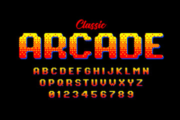 Retro style arcade games font, 80s video game alphabet letters and numbers
