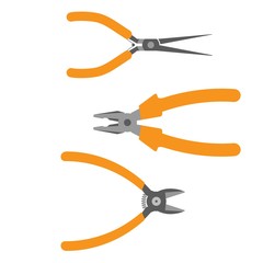 3 different pliers set. Vector Illustration of  diagonal cutters, needle nose pliers,  basic pliers. Flat style vector illustration.