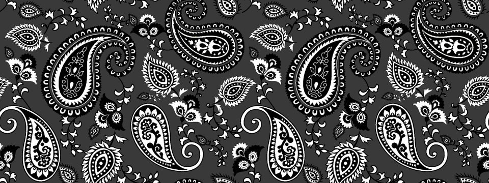 black and white vector paisley all over seamless pattern