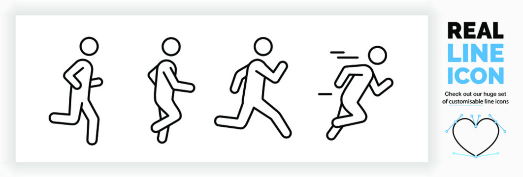 Editable real line icon set of a boy stick figure running fast and jogging in a outline design in modern black lines on a clean white background as a EPS vector file