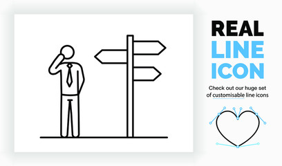Editable real line icon of a way finding sign with different left and right directions on a sign pole with a stick figure business man thinking where to go in modern black lines on a white background