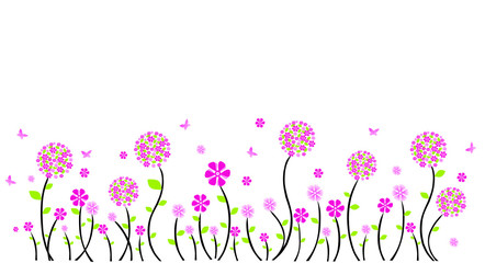 Obraz na płótnie Canvas Vector Illustration of Red Pink Flowers and Grass with Butterflies
