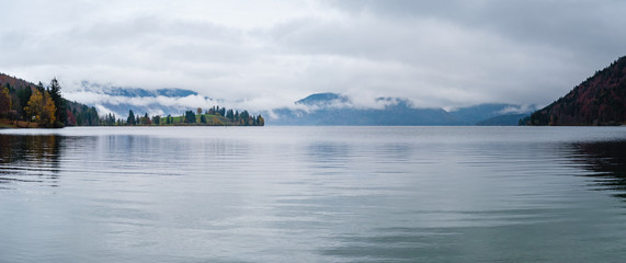 Mountain alpine autumn overcast evening lake Walchensee view, Kochel, Bavaria, Germany.