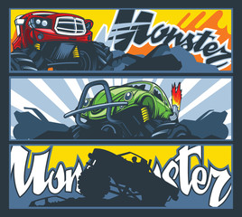 A collection of three banners with Monster cars. Vector graphics.