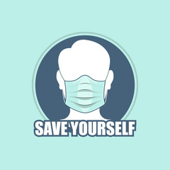 Save yourself icon with a silhouette of a man in a mask protected from Coronavirus.