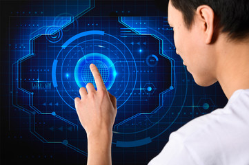 Close-up man using smart touch screen server. Futuristic network technology concept.