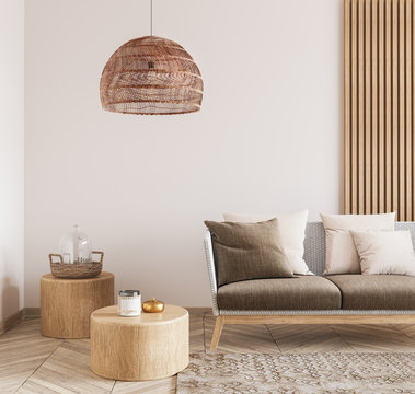 Cozy living room interior, Scandinavian style mock up. Rottan ceiling lamp , wooden table, furniture and elegant accessories. ready to use	