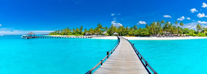Foto auf Glas Malediven-Inselstrandpanorama. Palmen und Strandbar und langer Holzstegweg. Hintergrundkonzept für tropische Ferien und Sommerferien © icemanphotos