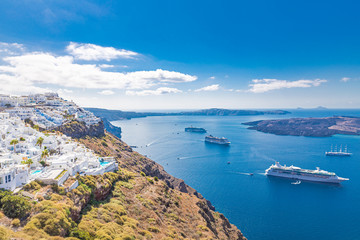 Fototapeta na wymiar Amazing landscape view of Santorini island. Picturesque summer on the famous tourism destination Greece, Europe. Traveling concept background. Boost color process photo. Luxury travel vacation