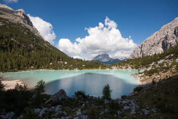 Fototapeta na wymiar Amazing view of Sorapis lake Lago di Sorapis Dolomites, Belluno, Veneto, Italy