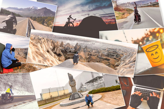 Collage of inspirational travel images of adventurous lifestyle and sharing diary online.Bocycle touring around the world. 2020