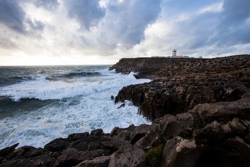 Panoramic photo of Cabo Carvoeiro Lighthouse at stormy weather
