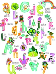 Meubelstickers Alfabet Kids Banner voor kinderkamer Alfabet Letters Cartoon Funny Pets Illustration