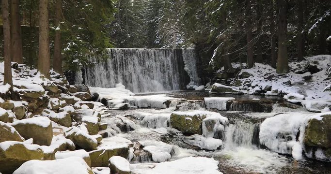 Karpacz, Poland. Winter view of Wild Waterfall (Dziki Wodospad)