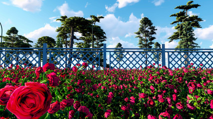 Colorful Flowers and Plants Outdoor Background, 3D Rendering