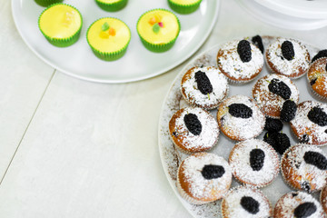 Plate with freshly baked sweet muffins. Sweet pastries, recipes, cooking
