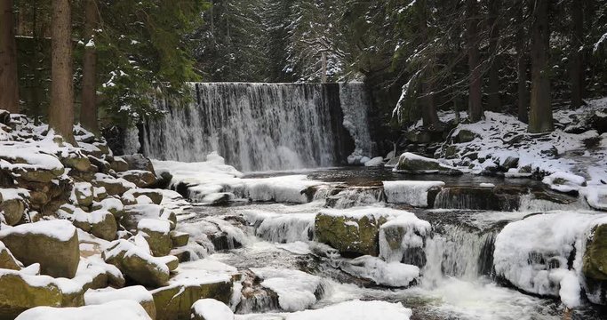 Karpacz, Poland. Winter view of Wild Waterfall (Dziki Wodospad)