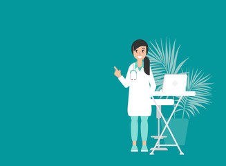 Smiling woman doctor on blue background. Medical internet consultation.