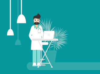 Male doctor on blue background. Medical internet consultation.