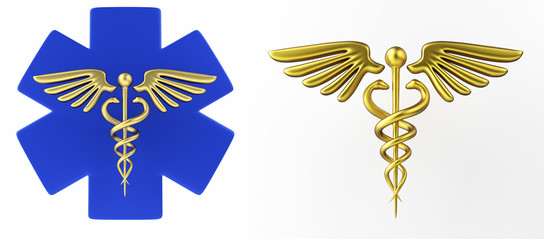Caduceus medical symbol isolated on a white background. Caduceus Icon. Concept for Healthcare Medicine and Lifestyle. Caduceus sign with snakes on a medical star. 3d render