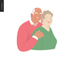 Medical insurance -senior citizen health plan -modern flat vector concept digital illustration of a happy elderly couple, standing embraced together holding their hands. Medical insurance plan.