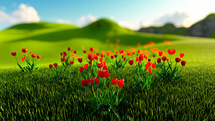 Colorful Flowers and Plants Outdoor Background, 3D Rendering