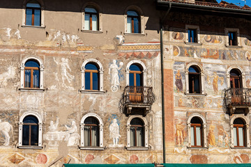Case Cazuffi Rella. Close-up of two palaces wit frescoes (XVI century) in Trento downtown, Piazza...