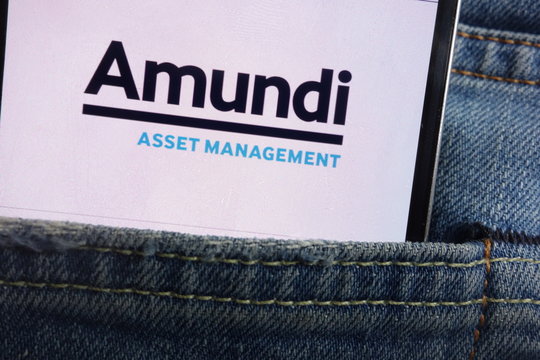 KONSKIE, POLAND - JUNE 01, 2018: Amundi logo displayed on smartphone hidden in jeans pocket