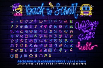 School neon icons set. Back to School Sale neon signs design template. Open Close Bright sign boards, light banner, Isolated icon. Vector Illustration - obrazy, fototapety, plakaty