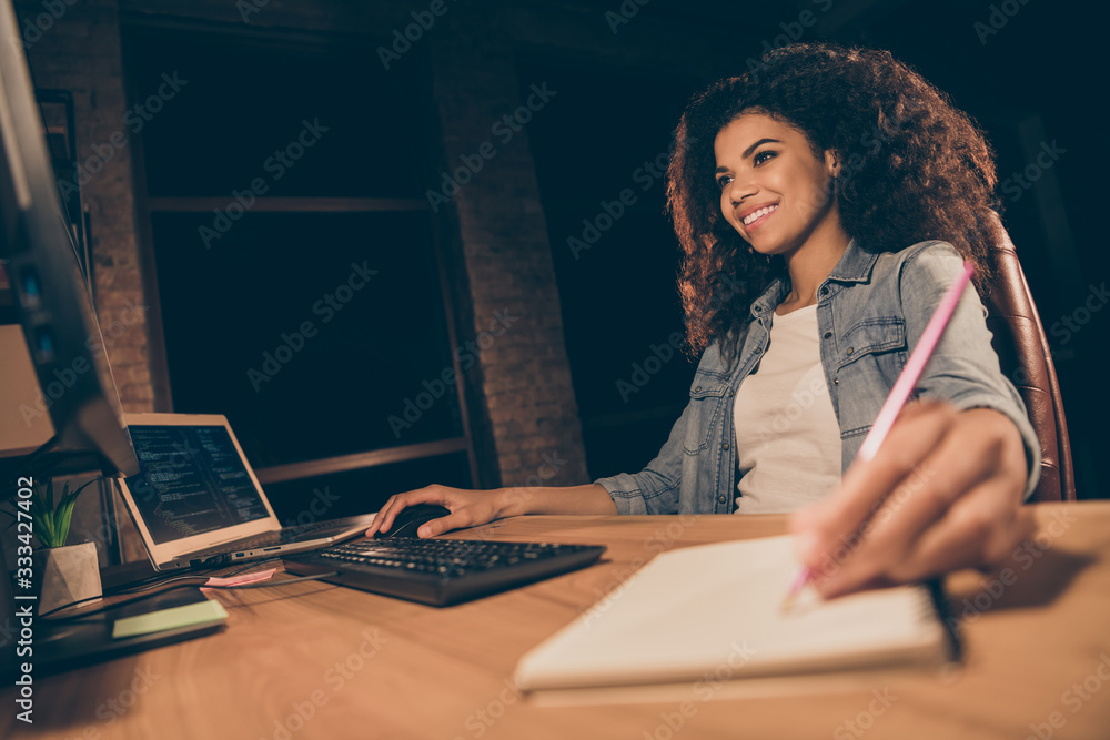 Aufkleber positive skilled afro american professional hacker girl sit table desk use computer work start-up co