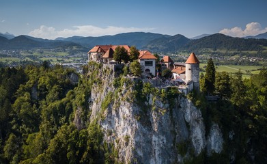 Fototapeta na wymiar Bled Lake Castle Slovenia Ljubljana Julian Alps Blejski Grad Europe Island Church Island Cliff