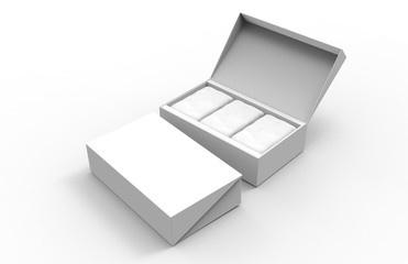 Mockup 3D with coffee or tea Two blank packaging boxes - open and closed mockup, isolated on white background.