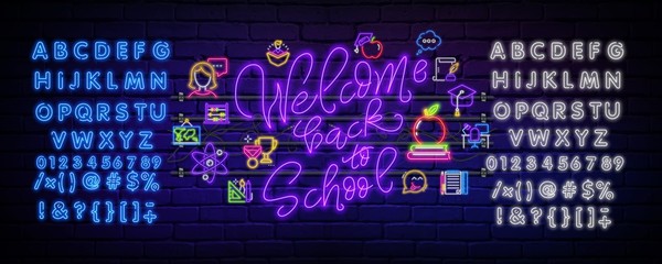 School neon icons set. Back to School Sale neon signs design template. Open Close Bright sign boards, light banner, Isolated icon. Vector Illustration