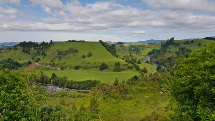 Fototapeta na wymiar Panoramic view on a river valley Mangaokewa reserve, New Zealand
