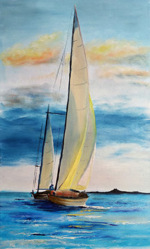 Oil painting on canvas depicting  two sailing boats with fisherman on the blue sea
