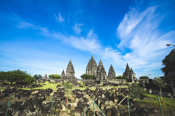 Fototapeta premium Prambanan is a 9th-century Hindu temple compound in Special Region of Yogyakarta, Indonesia, dedicated to the Trimūrti, the expression of God as the Creator, the Preserver and the Transformer