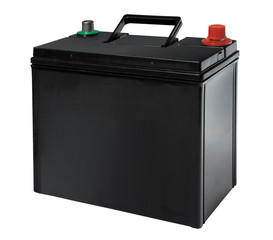 Black automobile battery on white background