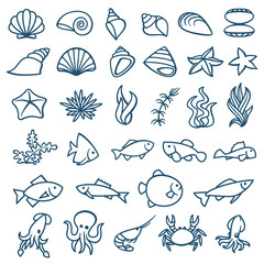 Obraz premium Sea animals monochrome set of 36 isolated on white backgrownd