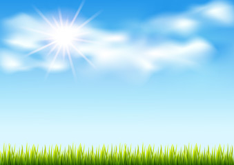 Blue sky with clouds and green grass, vector background.