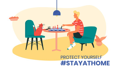 The boy playing chess with his cat during coronavirus quarantine vector illustration. Stay at home hashtag. Prevention of coronavirus infection during COVID-19 quarantine by self isolation.