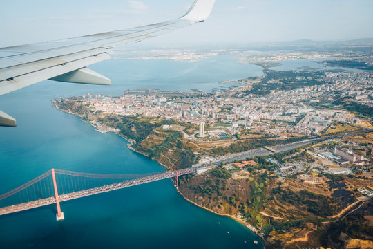 Lisbon, Lissabon/Portugal - September 13 2019 : flying over the Ponte 25 de Abril Bridge
