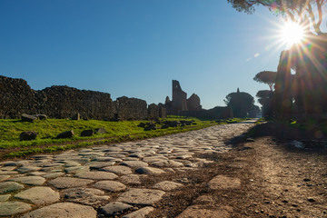 A stretch of the Via Appia, one of the most important streets of the Roman Empire photographed at first light in the morning. This road connected Rome to Brindisi, an important port in ancient Italy.