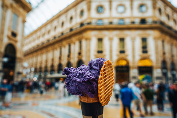 Italian ice cream in Viktor-Emanuel-Galerie in Milan, Italy