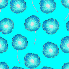 Beautiful poppies isolated. Bright Floral seamless Pattern. Summer backdrop. Can be used for textile, wallpaper, print, web design, fabric, wrapping paper. Hand drawn illustration. Neon blue colors.