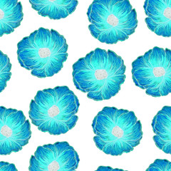 Beautiful poppies isolated. Bright Floral seamless Pattern. Summer backdrop. Can be used for textile, wallpaper, print, web design, fabric, wrapping paper. Hand drawn illustration. Neon blue colors.