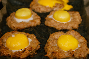 Baked eggs on a cutlets close up.Idea for a healthy dinner.Concept ketogenic diet.Selective focus