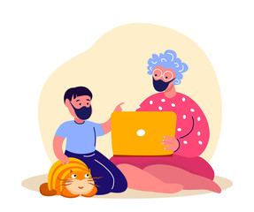 Coronavirus Epidemic Quarantine Pandemic.Little Pupil Boy, Pensioner Aged Granny.Study Online with Laptop.Digital Lesson.Old Woman Using Computer.