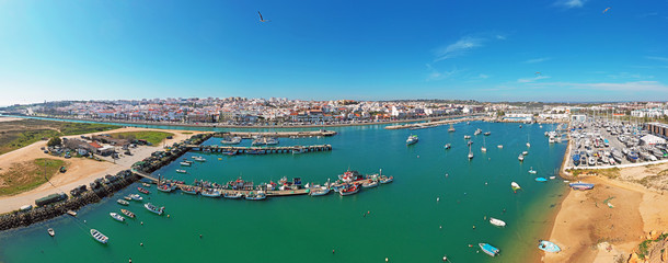 Aerial panorama from the harbor and city Lagos in the Algarve Portugal