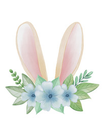 Watercolor Easter Bunny ears with spring flowers. Rabbit ears. Hand painted watercolor cartoon illustration. Floral Easter wreath. Hand drawn holiday background.